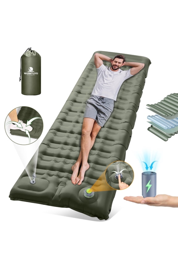 Electric Self Inflating Sleeping Pad and Foot Pump, 78.74x26.77x4.72in Thickened Camping Mattress with Pillow, for Outdoor Hiking Traveling Cot Mats, Waterproof - Army Green