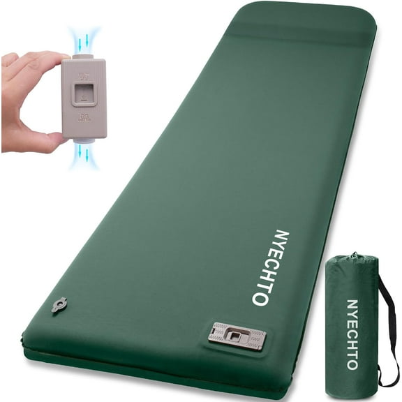 Self-Inflating Sleeping Pad with Built-In Electric Pump, 3.14 Inch Ultra-Thick Memory Foam, Green Single Size, 9.5 R-Value Camping Mattress with Built-In Pillow