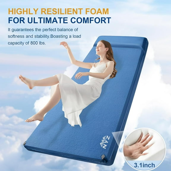 Self Inflating Sleeping Pad for Camping 3.1" Ultra-Thick Memory Foam Camping Mattress 20s Quick Inflation Camp Mat with Pillow Waterproof 4-Season for Camping Travel Tent Car