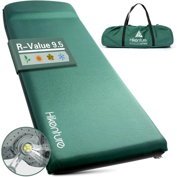 Self Inflating Sleeping Pad for Camping, 3'' Ultra Thick Camping Pad with Pillow, 9.5 R-Value Insulated Camping Mattress, 4-Season Inflatable Foam Camping Mat for Car, Tent, Cot