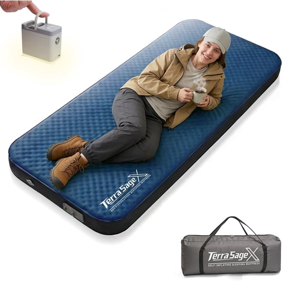 Self Inflating Sleeping Pad with Electric Pump , 4" Ultra Thick memory foam camping mattress 9.5 R-Value Insulated Sleeping Mat, Easy to Inflate & Deflate for Camping Car Travel Tent (Single,Blue)