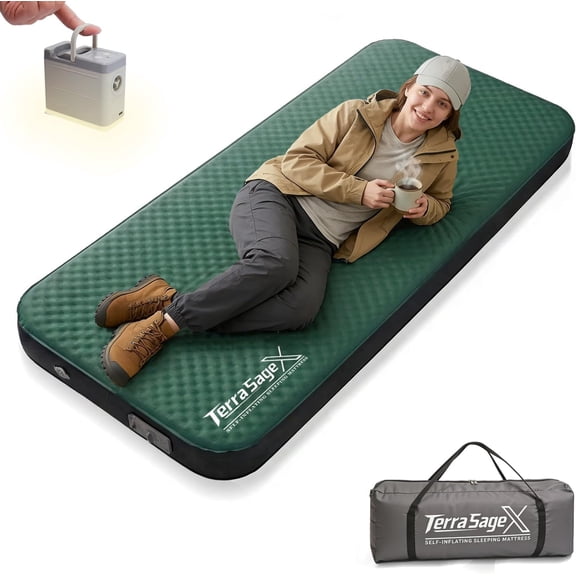 Self Inflating Sleeping Pad with Electric Pump , 4" Ultra Thick memory foam camping mattress 9.5 R-Value Insulated Sleeping Mat, Easy to Inflate & Deflate for Camping Car Travel Tent (Single,Green)