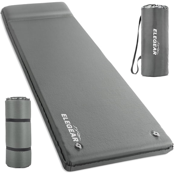 Self-Inflating Sleeping Pad with Built-In Pillow 3.15" Ultra-Thick 26D Memory Foam, Dual-Use Valve, Grey, Single Size