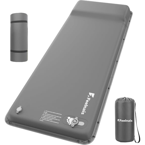 Self-Inflating Sleeping Pad with Built-In Pillow and Foot Pump Single Size, Grey, 76.8" x 25.6" x 2"