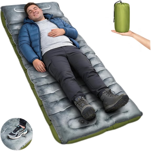 Self-Inflating Sleeping Pad with Built-in Foot Pump  Gray Green Velvet, Single Size, 6-Inch Thick, Compact Ultralight Camping Mat