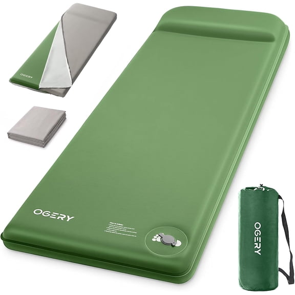Self-Inflating Sleeping Pad with Foot Pump, 3" Memory Foam Camping Mat, Green/Grey, Waterproof, R-Value 9.5