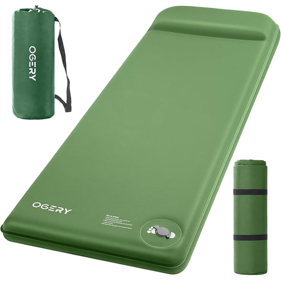 Self-Inflating Sleeping Pad with Foot Pump, 3" Memory Foam Camping Mat in Green, Rectangular, R-Value 9.5
