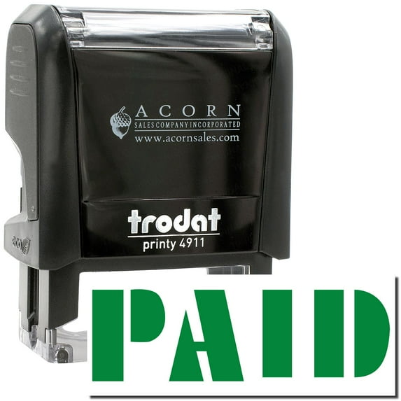 Self-Inking Bold Paid Stamp, Trodat Printy 4911, Press and Print Stamping, Impression Size 5/8" x 1-1/2", Up to 10,000 Impressions - Green Ink