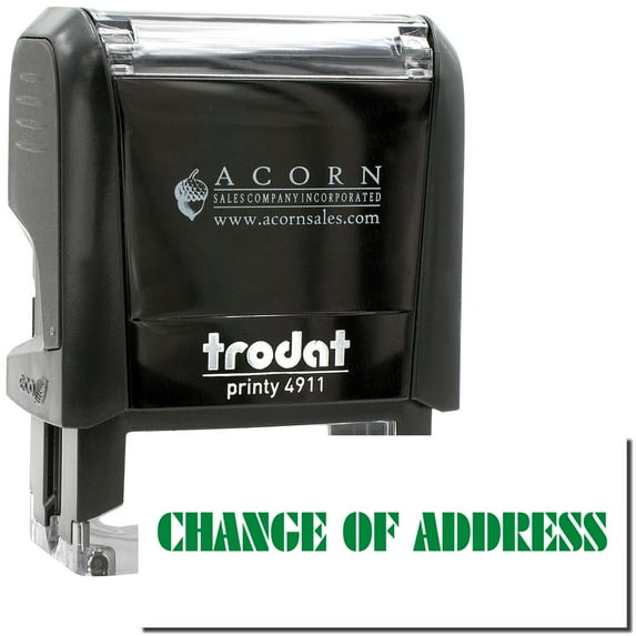 Self-Inking Change Of Address Stamp, Trodat Printy 4911, Press and Print Stamping, Impression Size 5/8" x 1-1/2", Up to 10,000 Impressions - Green Ink