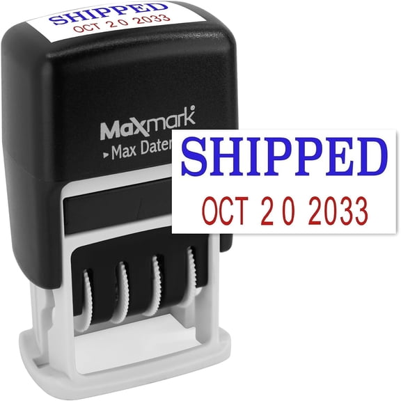 Self-Inking Rubber Date Office Stamp with Shipped Phrase Blue Ink & Date RED Ink (Max Dater II), 12-Year Band