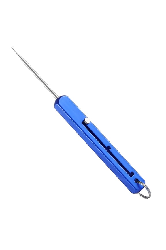 Self- Keychain, Stainless Steel, Metal Cocktail Picks, Retractable Oral Pick, Blue Aluminum Housing, 4 in Closed, Keyring Attachment, Cocktail Parties, 1 Pc