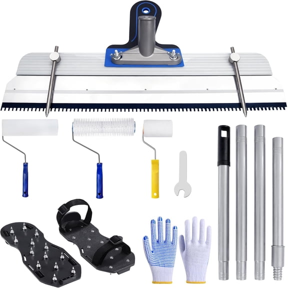 Self-Leveling Cement & Epoxy Floor Tool Kit  Rake, 9 Spike Rollers, 4 Paint Roller, Spiked Shoes, Extension Pole, Gloves & Accessories