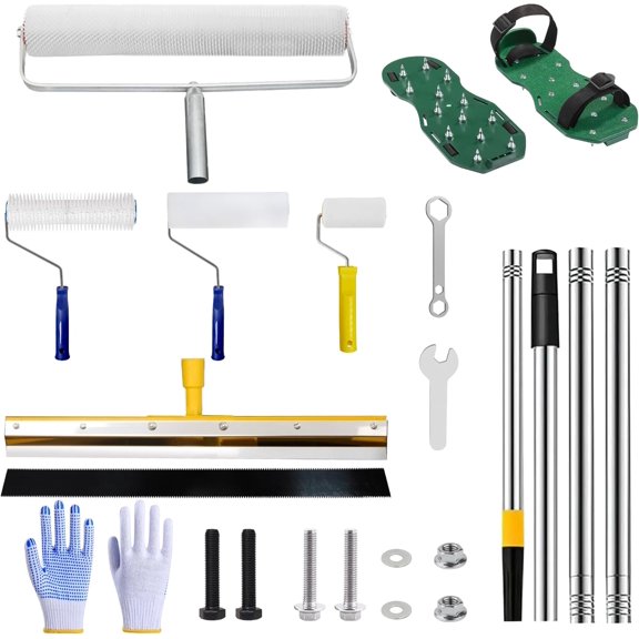 Self-Leveling Tool Kit with Rake, Spiked Roller, Spiked Shoes and 58'' Extension Pole for Epoxy Flooring and Concrete Floor Leveling (5)