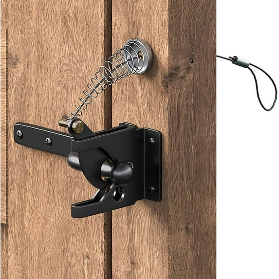 Self Locking Gate Latch for Wooden Fence Heavy Duty, Gravity Lever Fence Door Latches with Steel Spring Cable, Pull String Gate Hardware Gate Lock for Outdoor Secure Pool, Garden, Black Finish