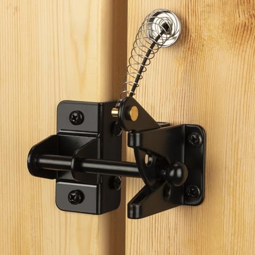 Self Locking Gate Latch for Wooden Fence with Steel Spring Cable Pull,Heavy Duty Gravity Fence Latch for Metal Gates,Vinyl Fence,Gate Hardware Gate Door Lock for Outdoor Pool,Black Finish