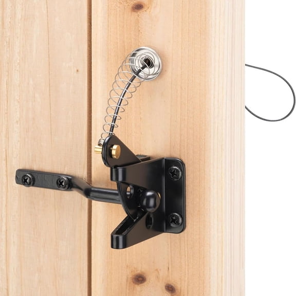 Self-Locking Gate Latch for Wooden Fence, Heavy-Duty Steel Spring Gate Hardware with Cable Pull, Black Automatic Latch for Yard, Pool, and Farm Gates