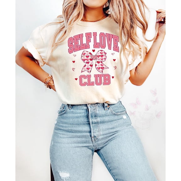 Self Love Club Tee, V-Day Coquette Heart Shirt, Retro V-Day Tee Top WHITE Unisex S-5XL Hot Trending Shirt, Vintage Birthday Gift