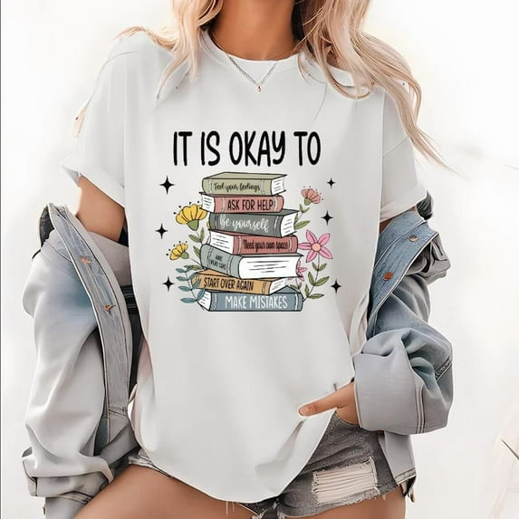 Self-Love Graphic Tees - "Be Yourself" Inspirational Print Shirts with Book Stack Design Tops - Cotton Crewneck for Therapy & Personal Growth(S-5XL)