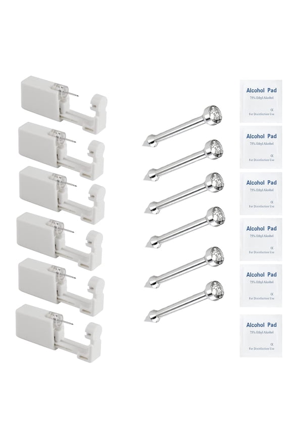 Self NOSE Piercing Gun Kits inside Piercing Rings Disposable Safety 1/100 With Moment Tool With Ring Stud Pierce Kit SS201 (6 Pack)