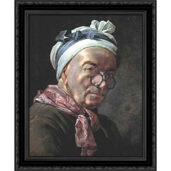 Self'Portrait 20x23 Black Ornate Wood Framed Canvas Art by Chardin, Jean Baptiste Simeon