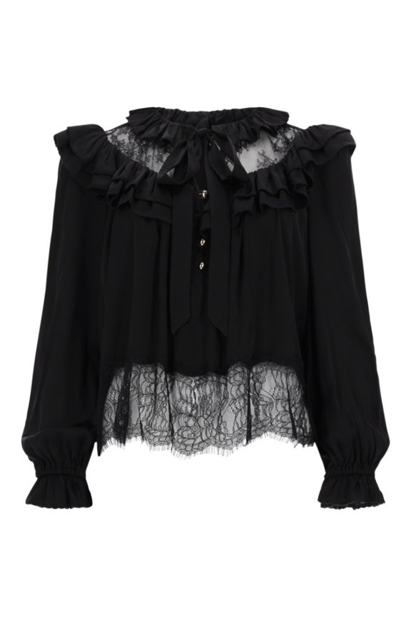 Self-Portrait Blue Relaxed Fit Viscose Ruffled Neckline Blouse (Women's)