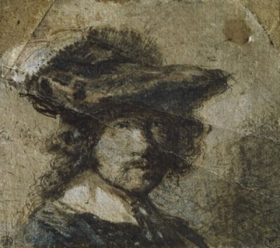 Self Portrait with Cap of Feathers and a White Collar - (Study) Rembrandt Harmensz van Rijn (1606-1669Dutch) Canvas Art - Rembrandt Harmensz van Rijn (18 x 24)