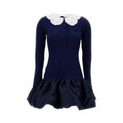 Self-Portrait Navy Knit Taffeta Mini Dress Womens