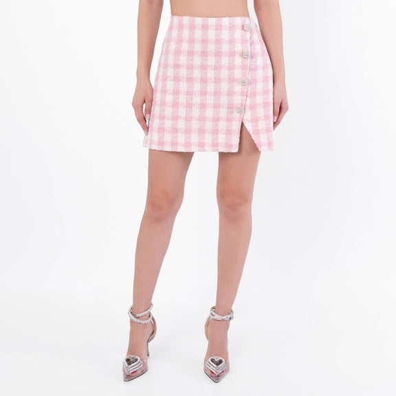 Self-Portrait Pink Check Boucle Mini Skirt, Brand Size 6 ( US Size 2 )