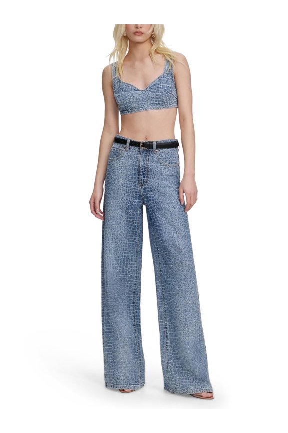 Self-Portrait Rhinestone-Embellished Croc Effect Wide-Leg Jeans (Women's)