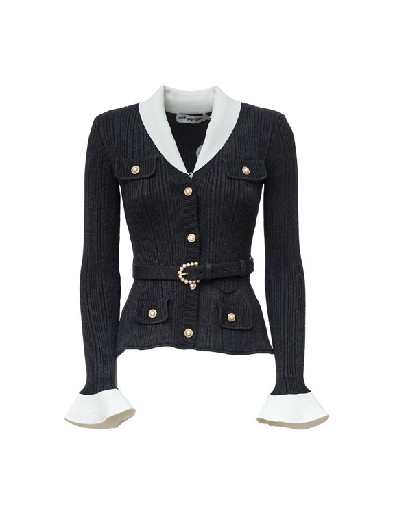 Self-Portrait Ribbed Knit Cardigan With Contrasting Collar And Pearl Accents (Women's)
