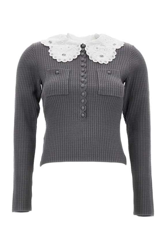 Self-Portrait Ribbed Knit Top With Scalloped Lace Collar And Button Detail (Women's)
