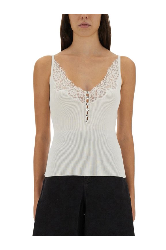 Self-Portrait White Lace Trim Rib Knit Top (Women's)