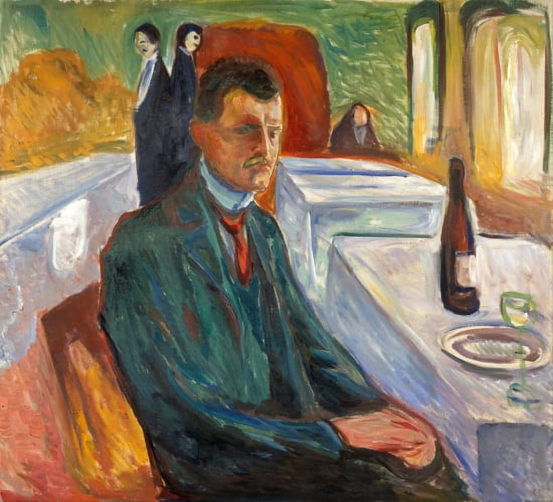 Self Portrait With A Bottle Of Wine Canvas Art - Edvard Munch (36 x 54)