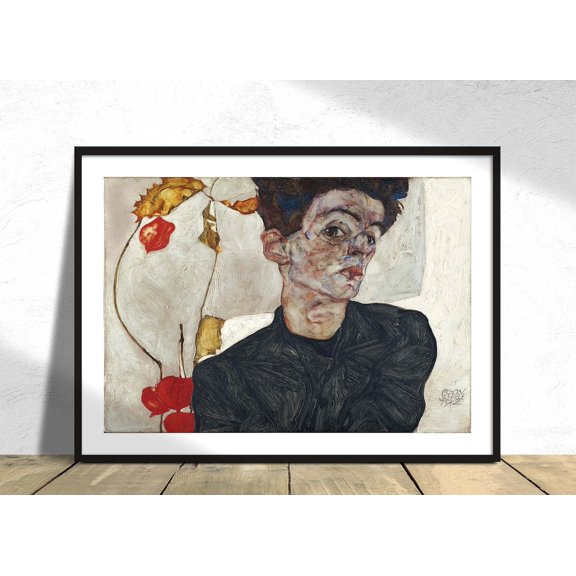 Self Portrait With A Plant Egon Schiele Expressionism Style Poster Reproduction Art Exhibition Vintage Retro, Unframed Paper Poster 8x10in