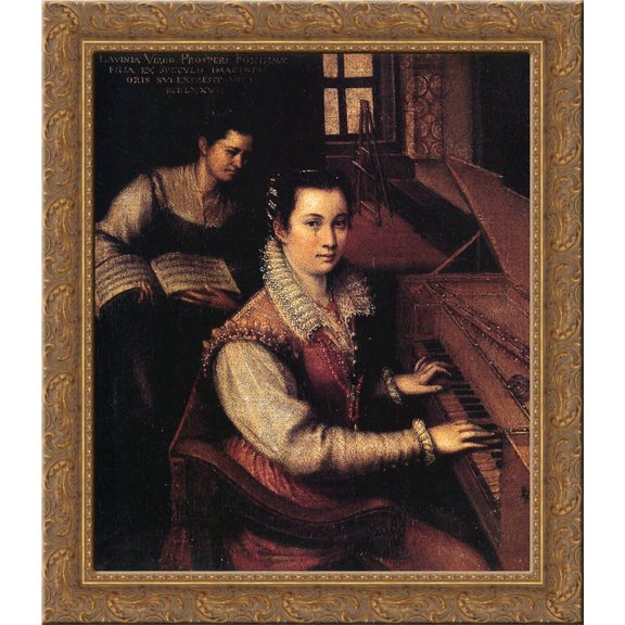 Self-Portrait at the Clavichord with a Servant 24x20 Gold Ornate Wood Framed Canvas Art by Lavinia Fontana