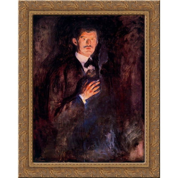 Self Portrait with Burning Cigarette 20x20 Gold Ornate Wood Framed Canvas Art by Munch, Edvard
