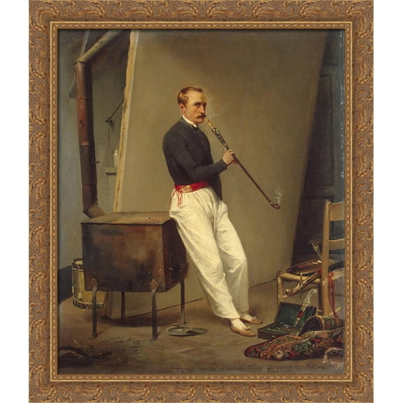 Self-Portrait with Pipe 28x34 Large Gold Ornate Wood Framed Canvas Art by Horace Vernet