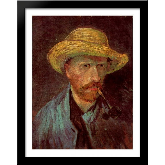 Self-Portrait with Straw Hat and Pipe 28x36 Large Black Wood Framed Print Art by Vincent van Gogh