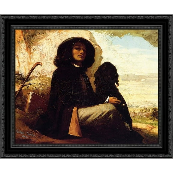 Self Portrait with a Black Dog 23x20 Black Ornate Wood Framed Canvas Art by Courbet, Gustave