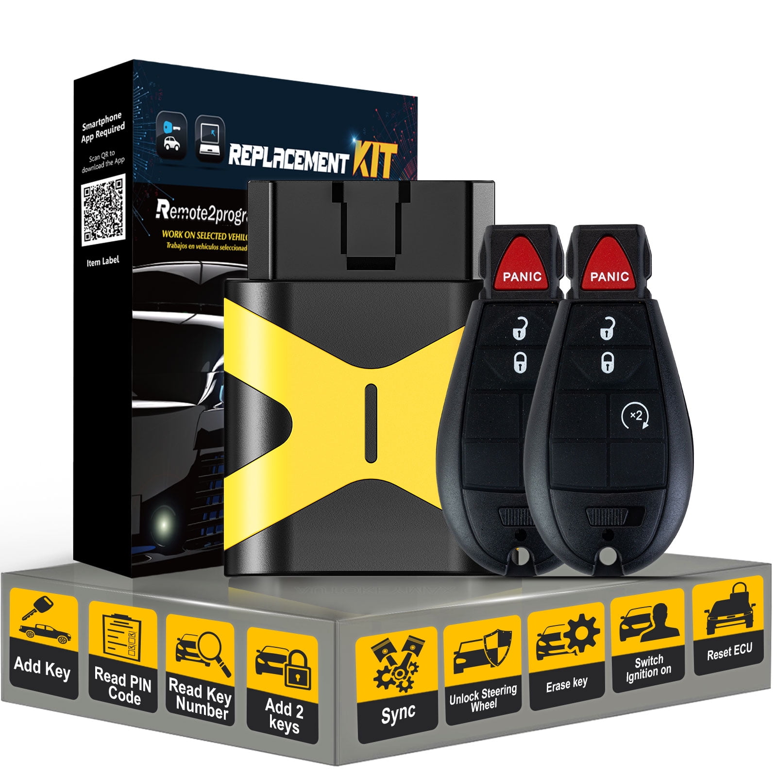 Self Programmable Car Key Fob DIY Kit/Add 2 Keys and Keyless Entry Remote Replacement for Dodge with FCC: GQ4-53T