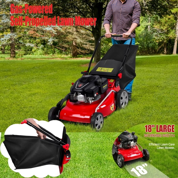 Self Propelled Lawn Mower, 131cc Gas Engine with 18-Inch Cutting Deck, 50 L/13.2 Gal Grass Bag & Rear Wheel Drive, Mulching/Side Discharge/Bagging for Yard Care