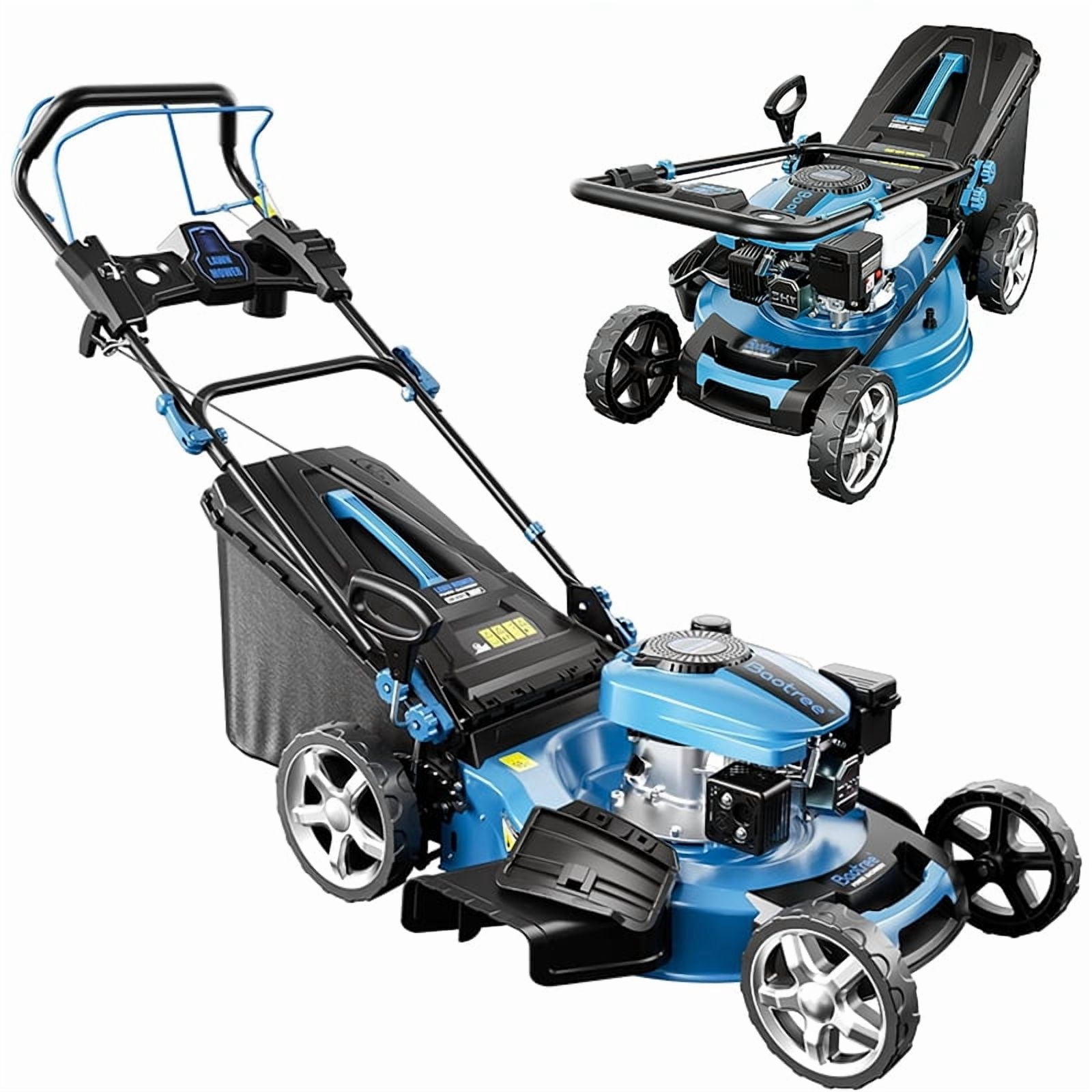 Self Propelled lawnmower, 21-inch gasoline-powered lawnmower, 210cc four-stroke engine, height adjustable, 62-liter hay bin, suitable for backyards and farms.