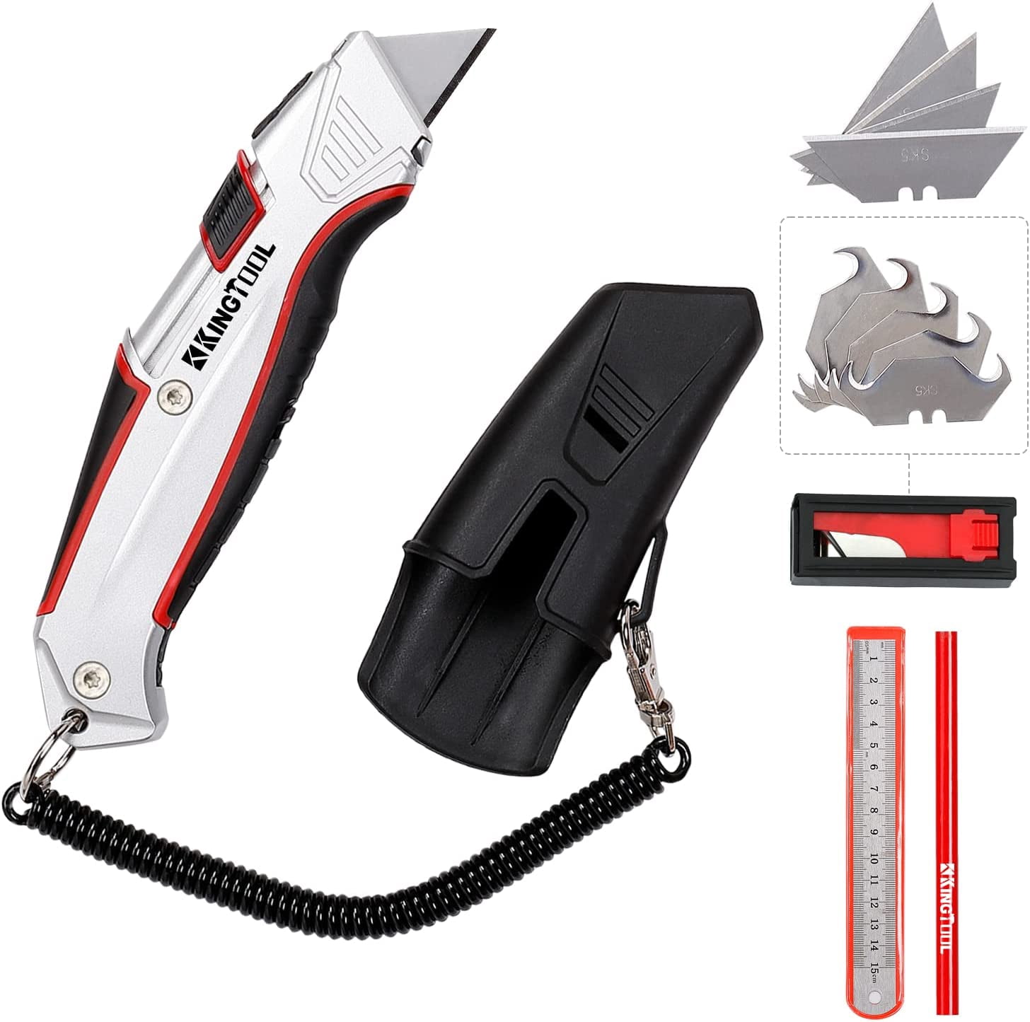 Self-Retracting Box Cutter with Holster & Belt Clip, Auto Retractable Safety Utility Knife with Total 10PCS 5 blades, Aaluminum Shell with Rubber Grip, Sturdy & Strong
