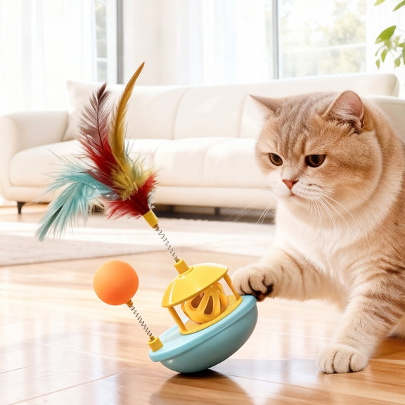 Self Righting Cat Toy Tumbler with Feather Bell Rolling Motion Interactive Cat Exercise Toy Automatic Bounce Back Kitten Teaser Toy for Indoor Cats Hunting Instinct Training and Energy Release Play
