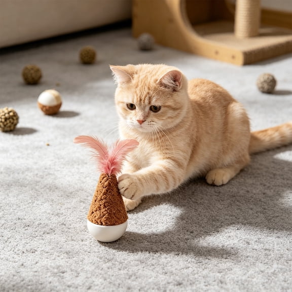 Self Righting Cat Tumbler Toy with Feathers and Bells, Weighted Bottom Auto Wobble for Hunting Simulation, Scratch Resistant for Obese Cat Exercise at Home