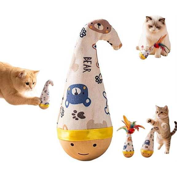 Self-Righting Cat Tumbler Toy  Interactive Wobble & Rolling Ball with Colorful Feathers, Battery-Free Silent Play for Indoor Kittens & Cats Exercise(RL B 1 PC)
