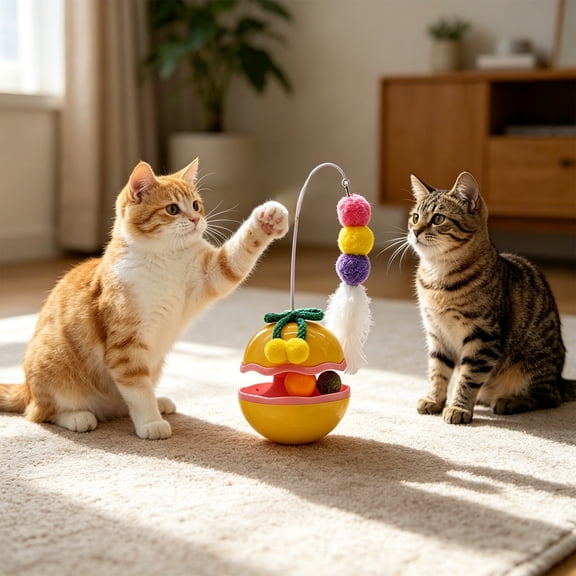 Self Righting Cat Tumbler Toy with Feathers 360 Degree Rolling Wobble Ball Bell Flannel Mouse Interactive Indoor Play