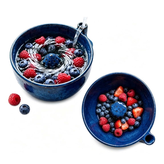 Self Rinsing Berry Bowl, The Original Artisan Swirling Berry Bowl, 3D Print Berry Colander with Vortex Fruit Washing Design, Stoneware Fruit Rinse Bowl for Kitchen Counter
