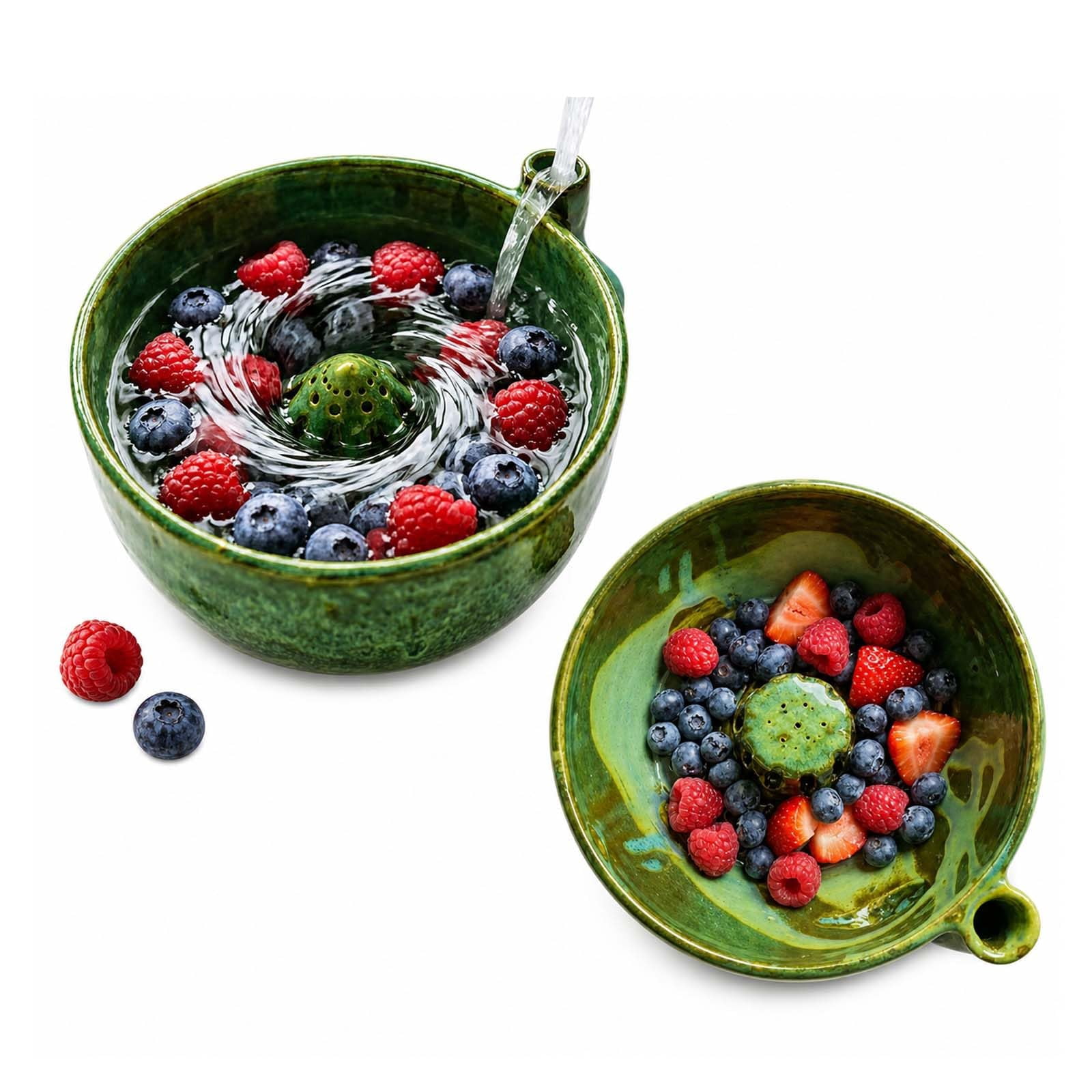 Self Rinsing Berry Bowl, The Original Artisan Swirling Berry Bowl, Handmade Ceramic Berry Colander with Vortex Fruit Washing Design, Stoneware Fruit Rinse Bowl for Kitchen Counter