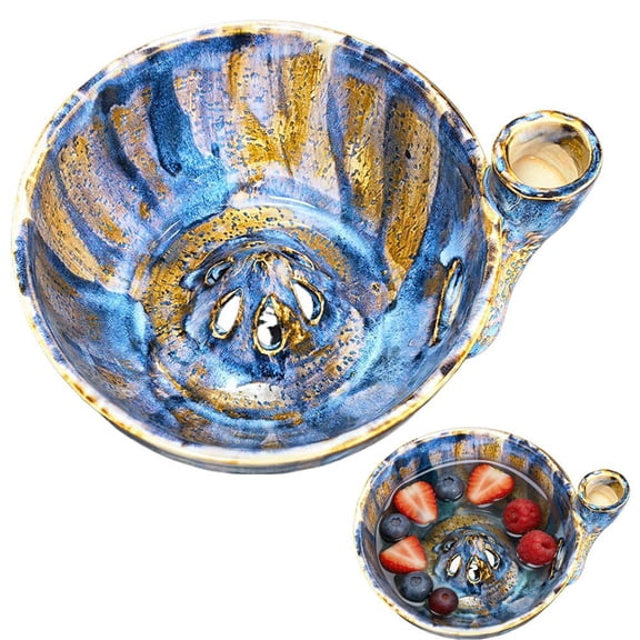 Self Rinsing Berry Washing Ceramic Bowl, Berry Basket with Holes, Ceramic Fruit Washer with Strainer and Colander, Handmade Washing Cleaner for Strawberries, Blueberries, Berries